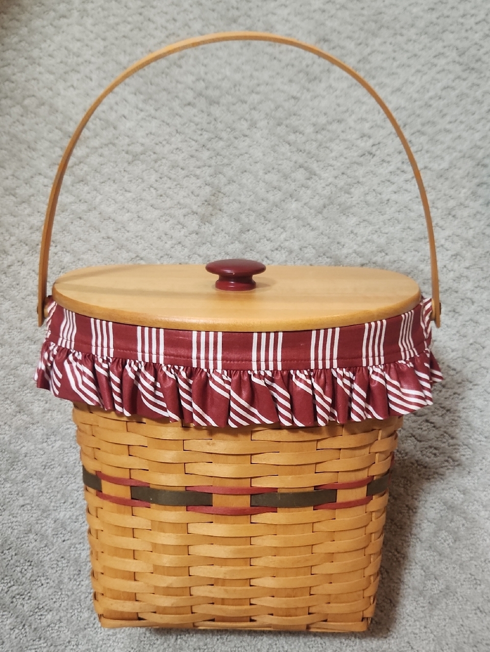 Longaberger Vintage 1998 Woven Wood Basket Red White Fabric Ruffled Trim & Lid